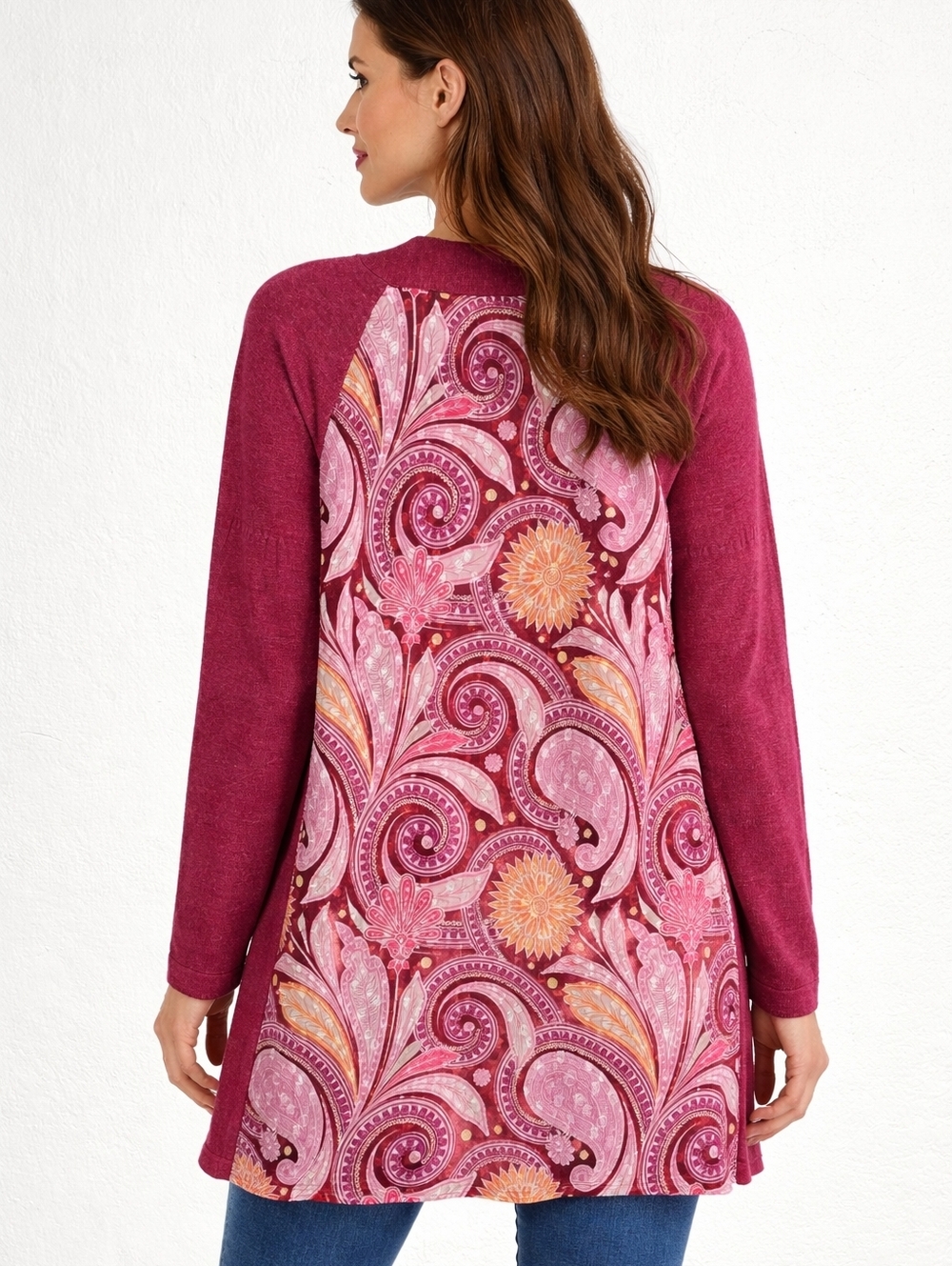 Soft Surroundings Pink Cardigan Sweater Sheer Paisley Chiffon Back Sz L Whimsy